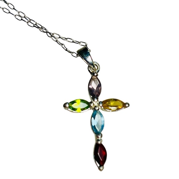 Sterling Silver Multicolor Gemstone Cross Pendant Necklace 20 inch - Picture 3 of 7